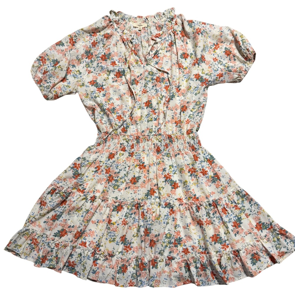 Entro Floral Smocked Waist Tiered Mini Dress Orange Blue White Medium Boho